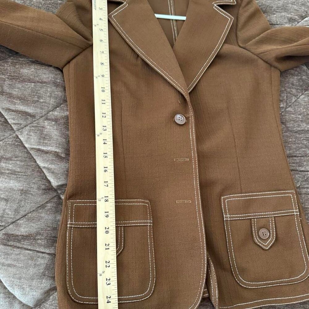 Vintage 70s Butte Knit Brown Pantsuit Set Wide Leg Blazer Contrast Stitching